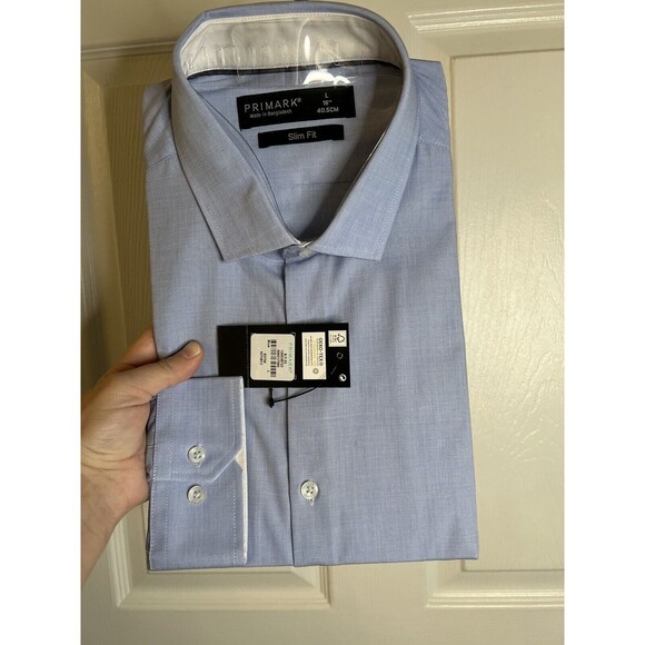 - Primark Mens Blue Long Sleeve Slim Fit Easy Iron Shirt Size Large NWT - Picture 1 of 5